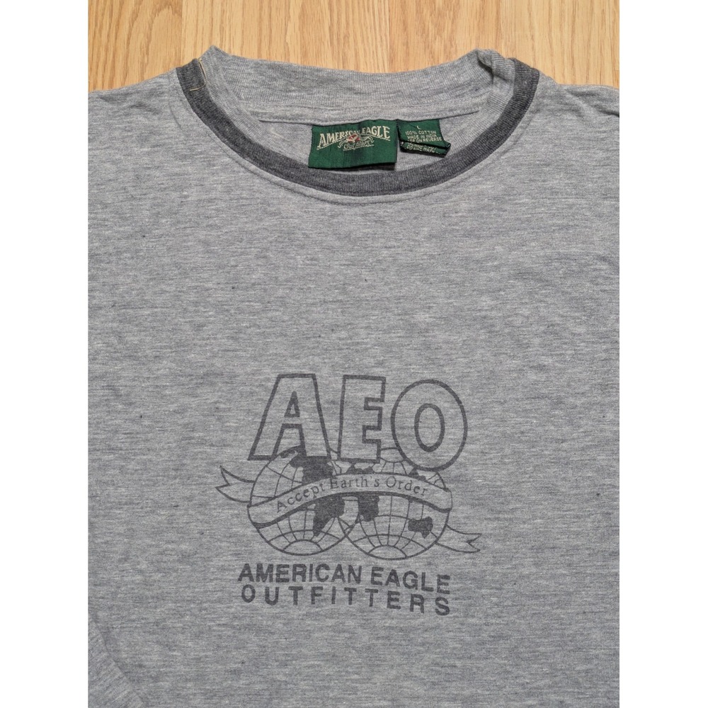 American Eagle Mens Vintage Y2K Globe Graphic Long Sleeve Ringer T-Shirt Gray L